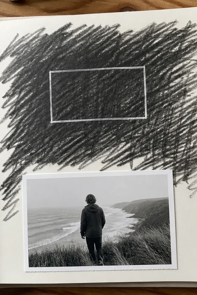 Monochrome scribble background with a small and a white pen title on a dark label