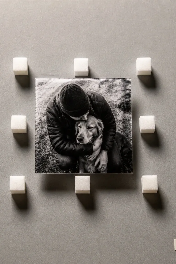 Small with a subtle shadow border made from thin foam squares and a minimal caption