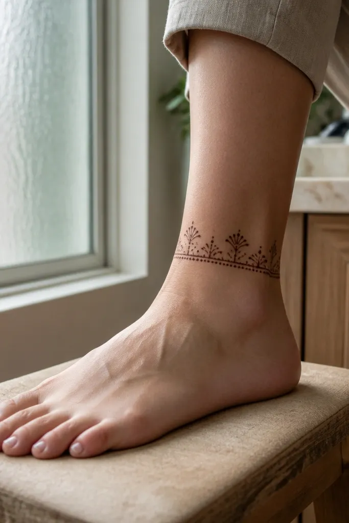 Small ankle band with dots and three tiny fan shapes above the foot