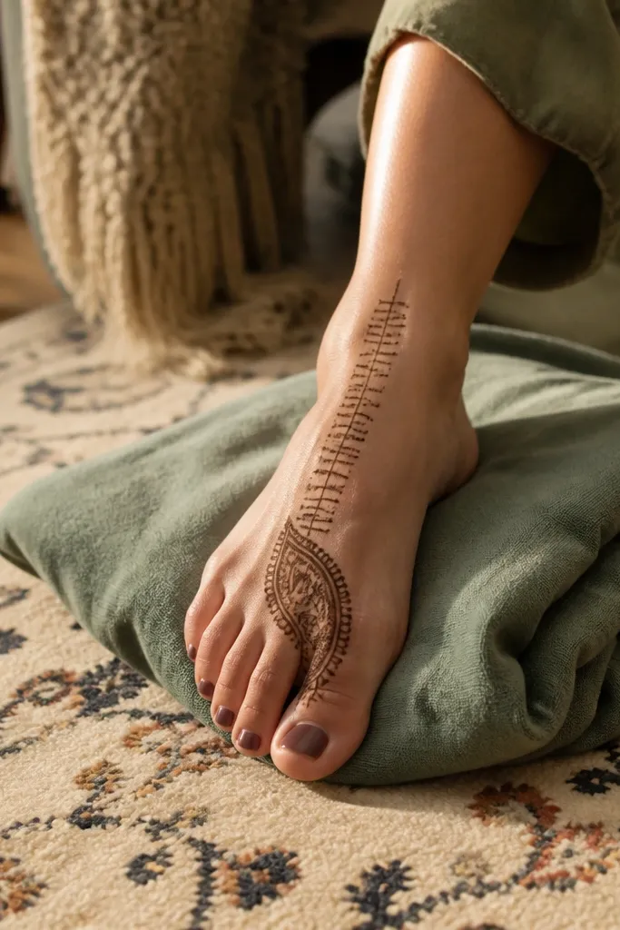 A paisley pattern starting at the big toe with a ladder of small lines up the foot