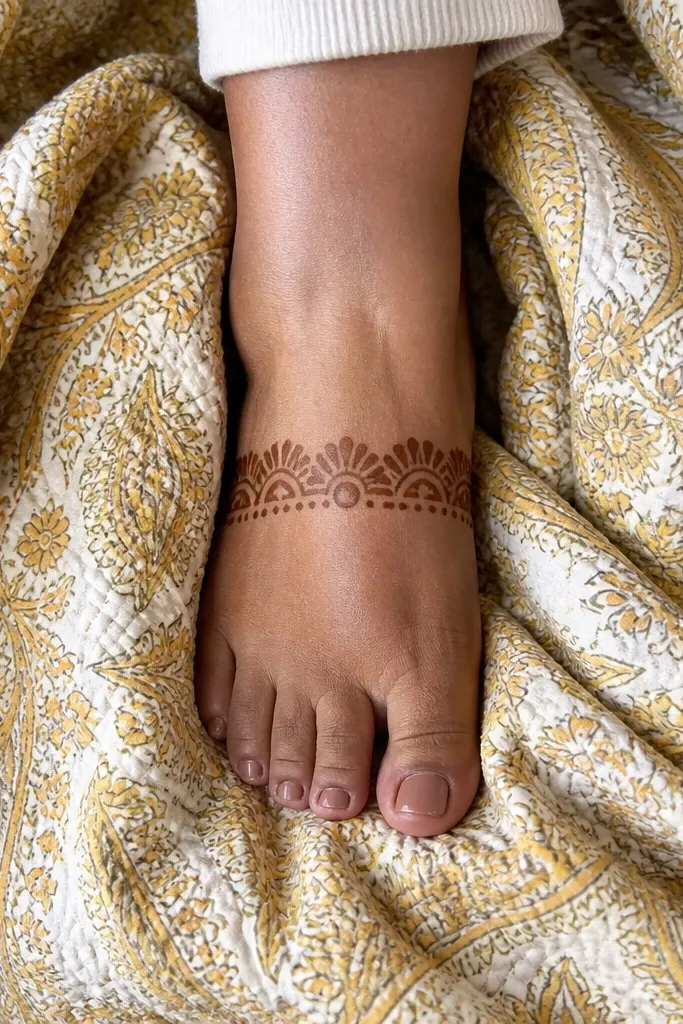 A horizontal band on the top foot with fan shapes and a center dot