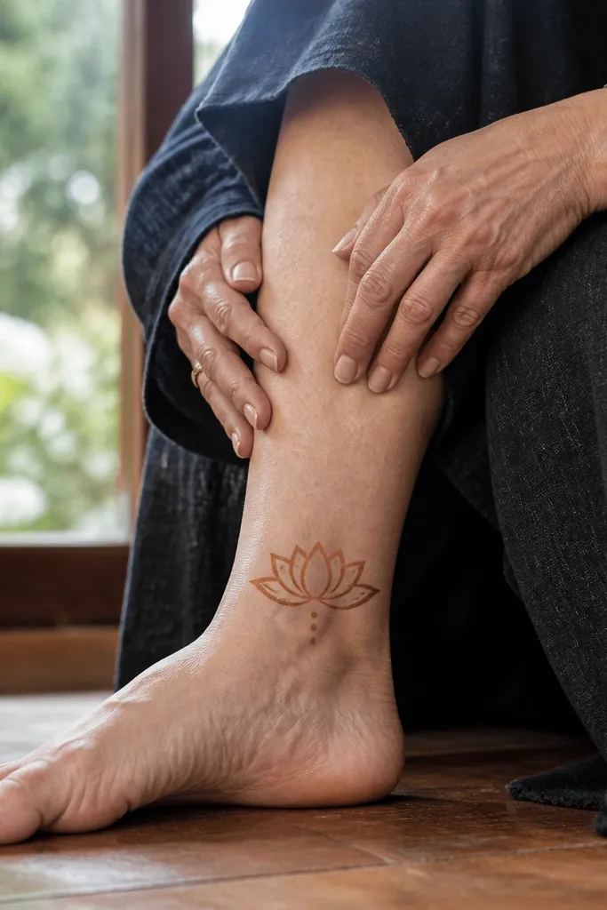 A small lotus bloom on the inner ankle with two curved leaf lines