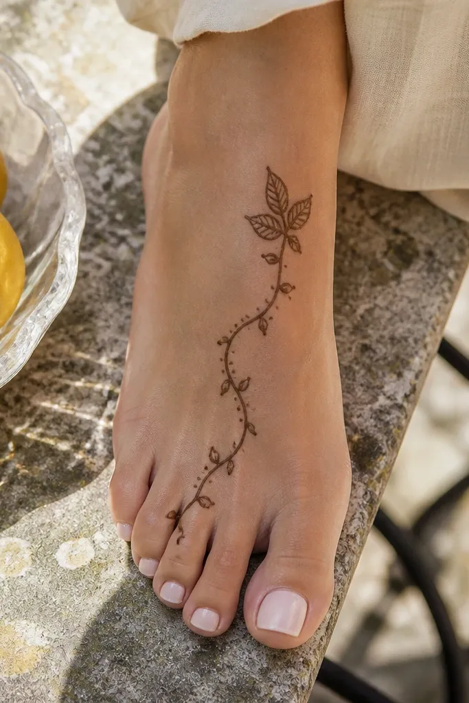 A tiny vine trail on top of the foot ending in a small leaf cluster