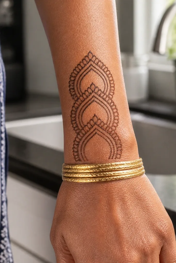 Wrist has a thin band with three teardrops arcing upward