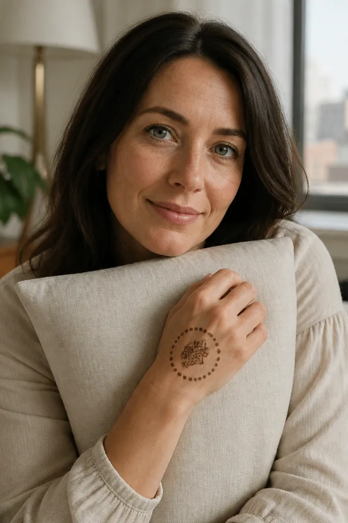 Back of hand shows a small paisley with dots around it