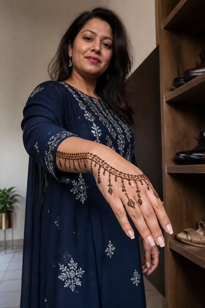 Wrist has chain links with hanging teardrops below