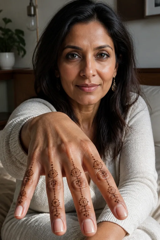 Fingers have small dot steps arranged like a tiny mandala