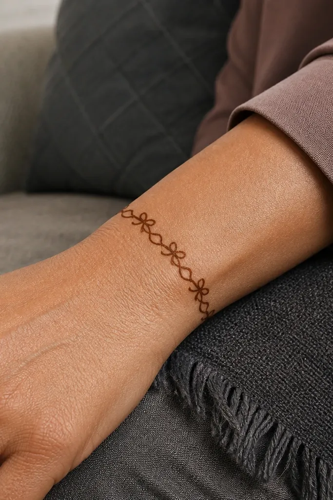 A wavy ribbon around the wrist with small knot dots spaced along it