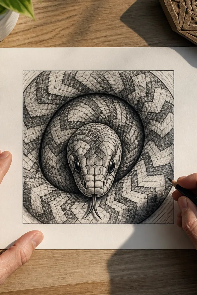 Snake head in a square with thick outline and chevron scale bands