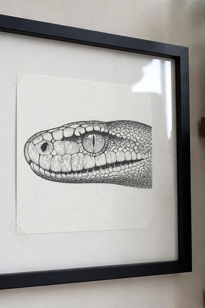 Ink snake head with diamond scales and bold black outline