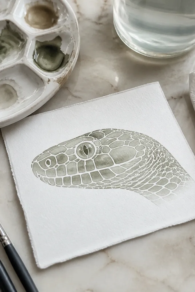 Watercolor snake head with pale scale shapes left unpainted