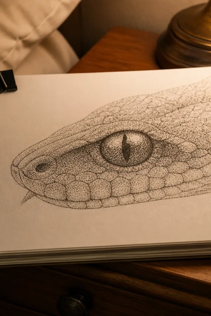 Pencil stippled snake head with strong dark eyes and soft scale texture