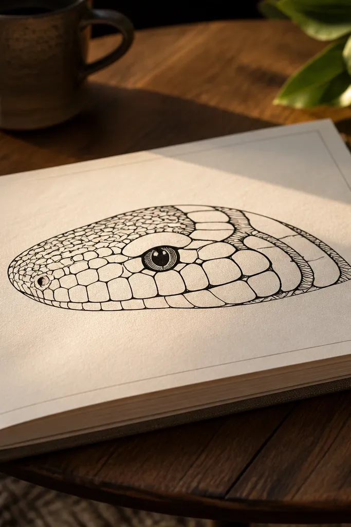 Side-view snake head with left-right different scale patterns