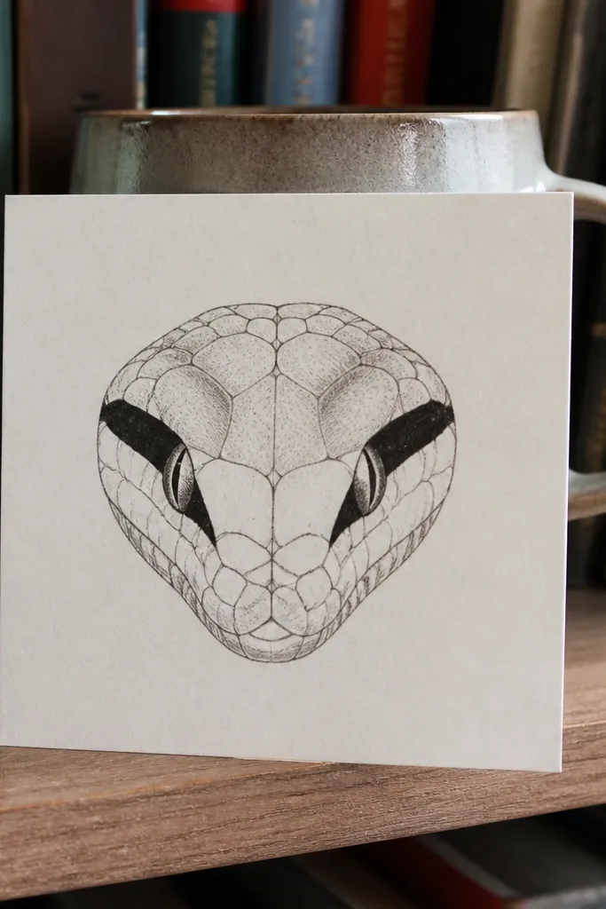 Snake head with mirror symmetry and a bold stripe across the eyelid