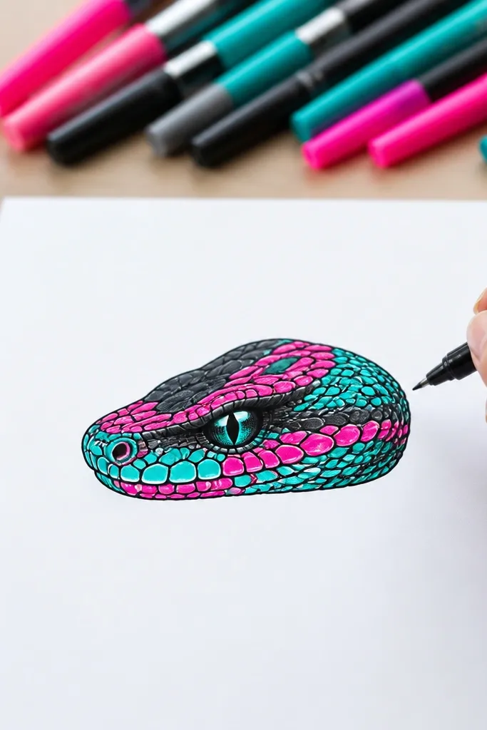 Snake head colored with neon green and hot pink accents