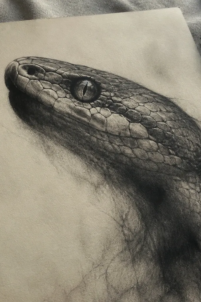 Charcoal snake head with smudged jaw and crisp scale outlines
