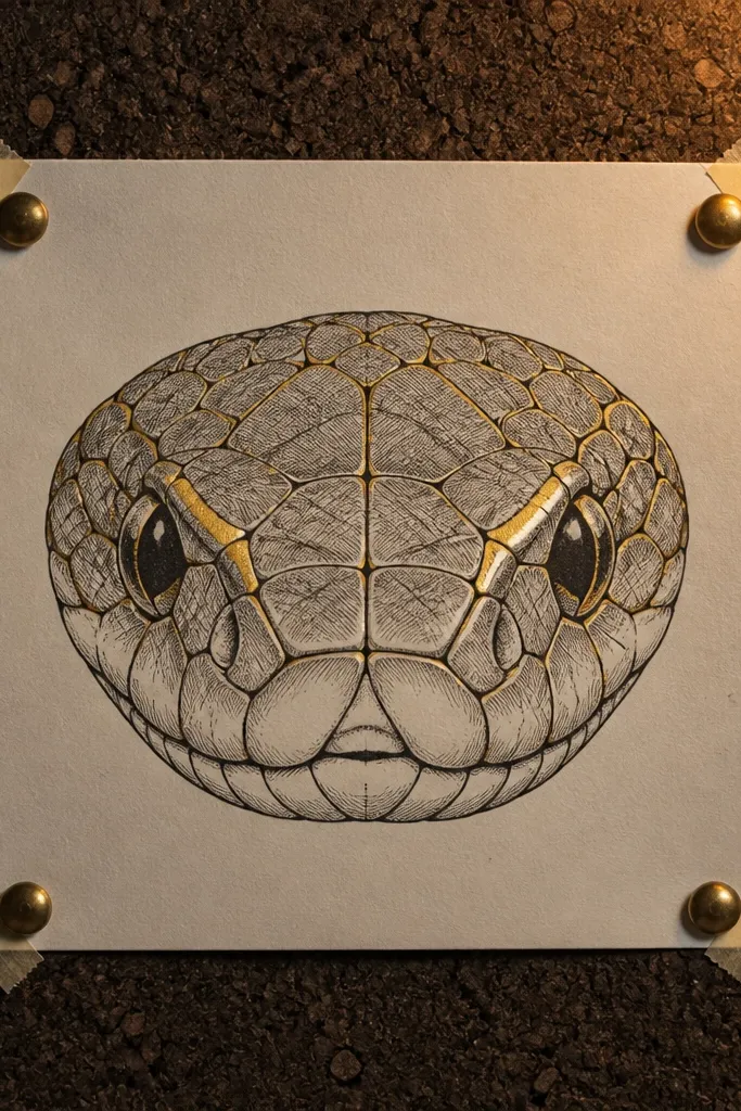Black ink snake head with gold gel highlights on scales