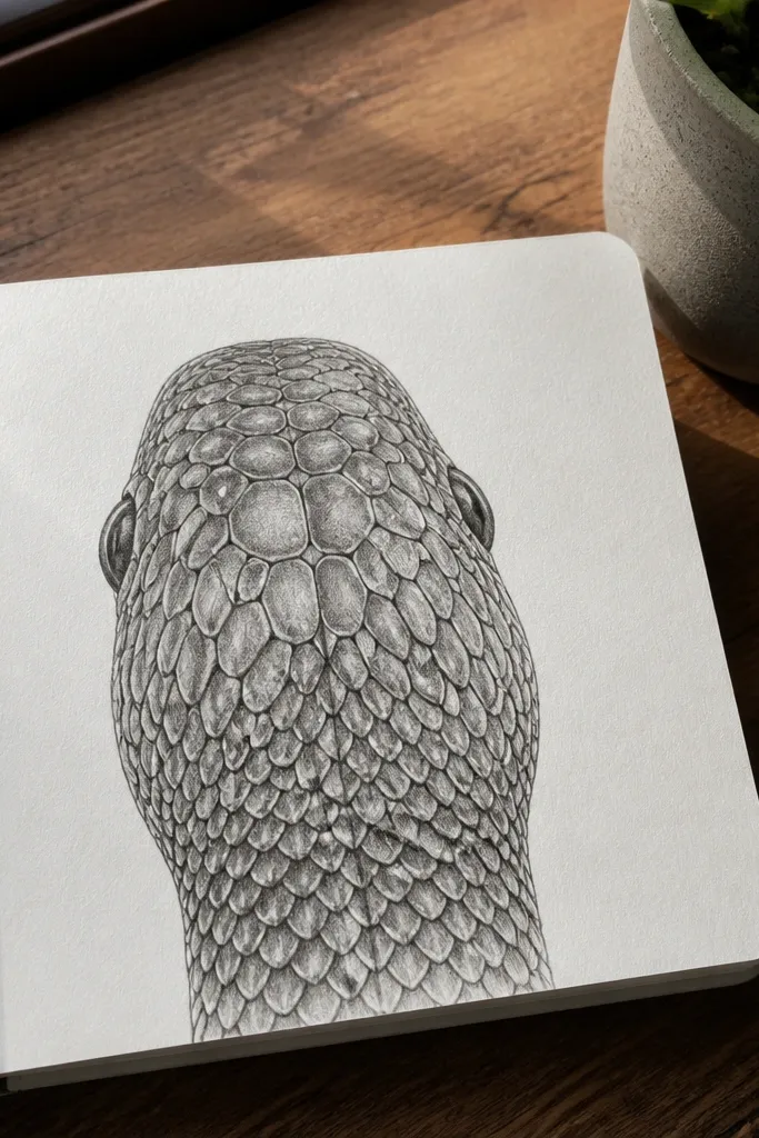 Snake head view with tile-like scales and strong outline