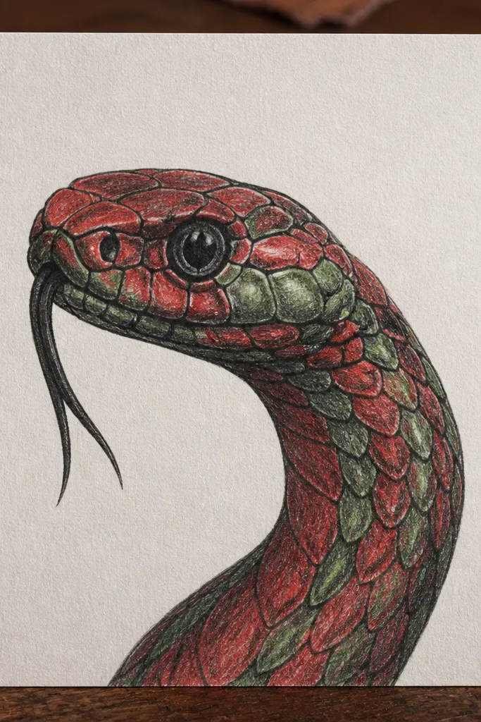 Snake head with red and green layered pencil blocks and sharp linework
