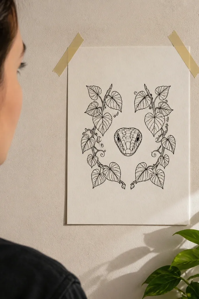 Snake head centered inside a leaf-vine frame with bold scales