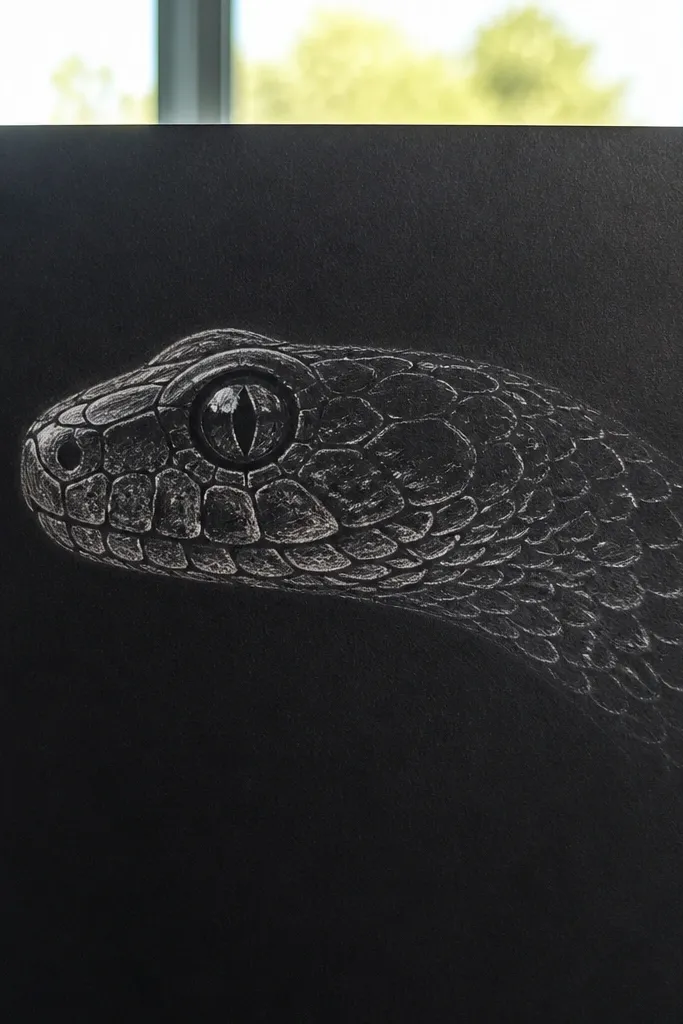 Snake head with black core shading and bright white highlight lines