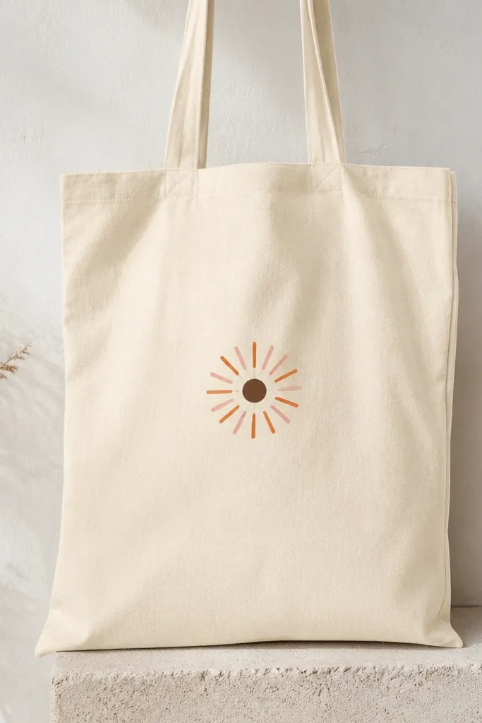 A cream tote front with a small centered sunburst: short orange rays alternating with pale coral rays, and a single dark brown dot in the middle; no background fill.