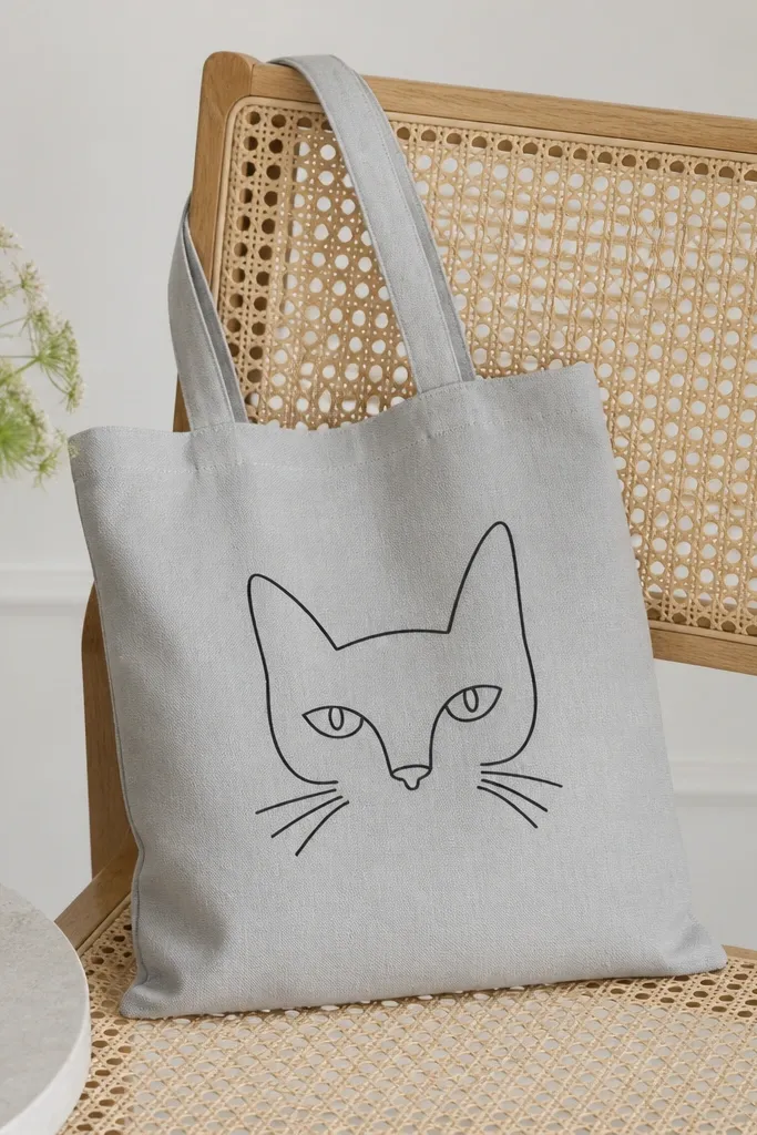 A light gray tote with a simple black line cat face: triangular ears, two almond eyes, and a small nose, all in one continuous-ish line; whiskers are short strokes.