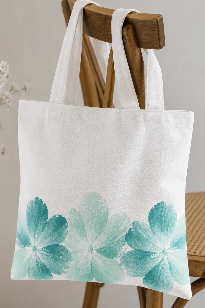 A white tote with a horizontal border near the bottom: three overlapping flowers painted with a soft ombre from teal to mint, each petal formed by dabbed sponge texture.