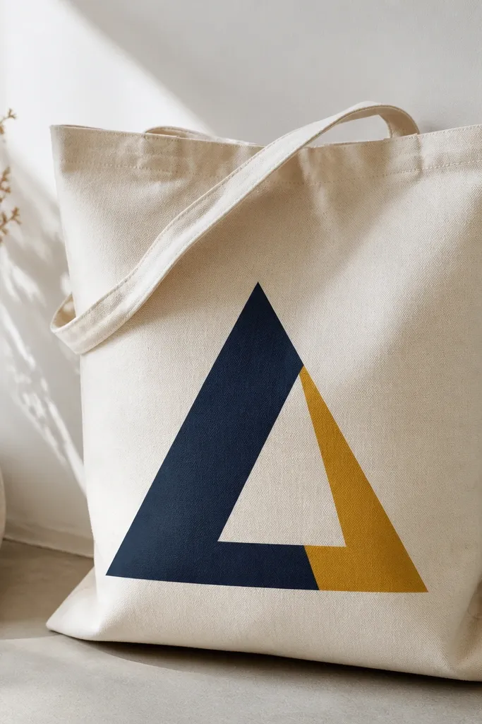 A natural canvas tote with a centered geometric triangle composition: a navy filled triangle, a mustard triangle beside it, and a crisp unpainted (negative space) triangle cut between them.