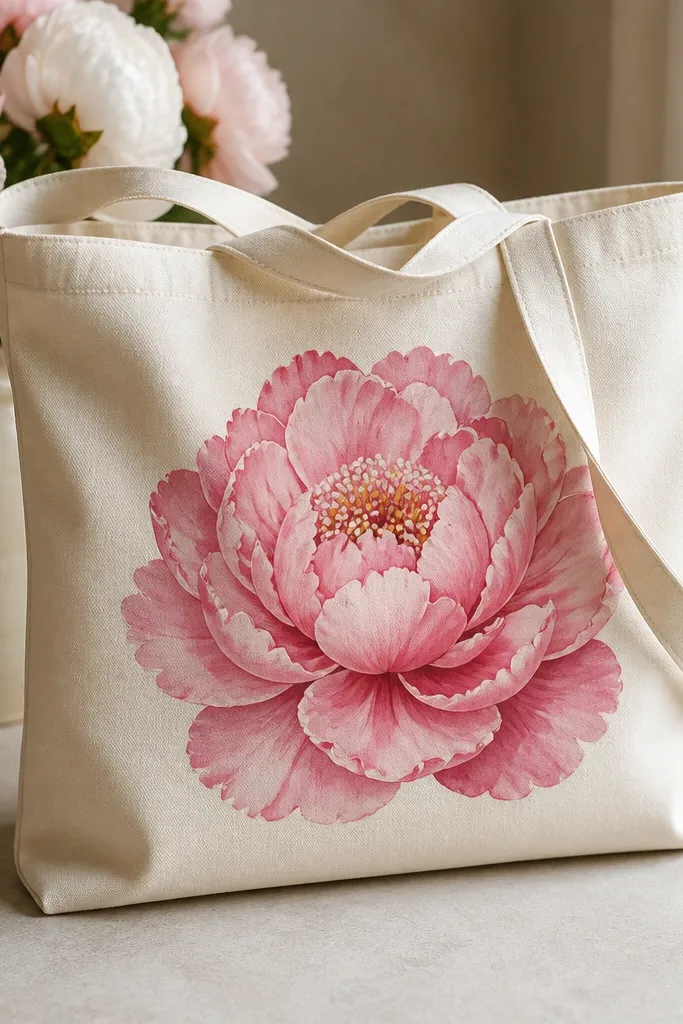A cream tote with one big peony on the center panel: layered pink petals with darker pink edges and small white and yellow dot clusters in the center.