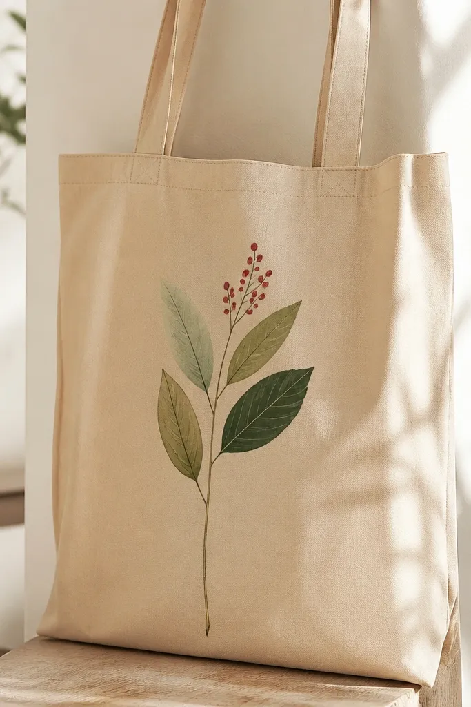 A tan tote with a slender sprig: three different green leaves (sage, forest, olive) and one red berry cluster at the top, painted with thin stems and tiny leaf veins.