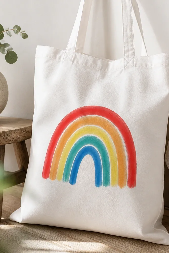 A white tote with a centered rainbow arch made of five thick bands: red, orange, yellow, teal, and blue, with visible brush texture and slightly uneven edges.