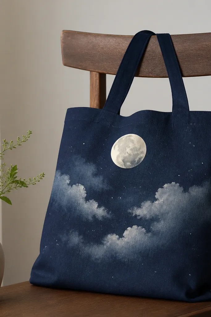 A dark navy tote with a pale moon near the top and soft sponge clouds across the center; small white stars scattered, painted with dot flicks.