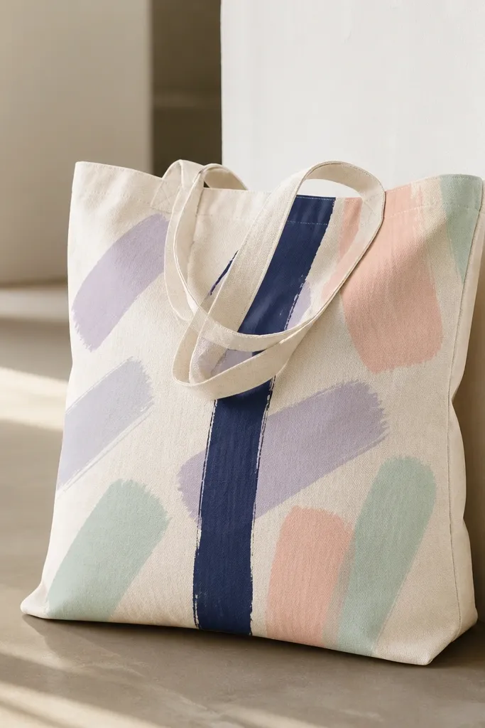 A light tote with scattered pastel brush strokes (lavender, blush, mint) and one bold navy vertical line through the center; strokes overlap slightly.