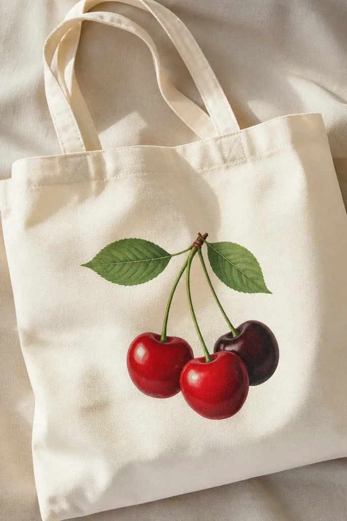 A cream tote with three cherries clustered: two red with glossy highlights and one darker maroon, plus two green leaves extending upward.