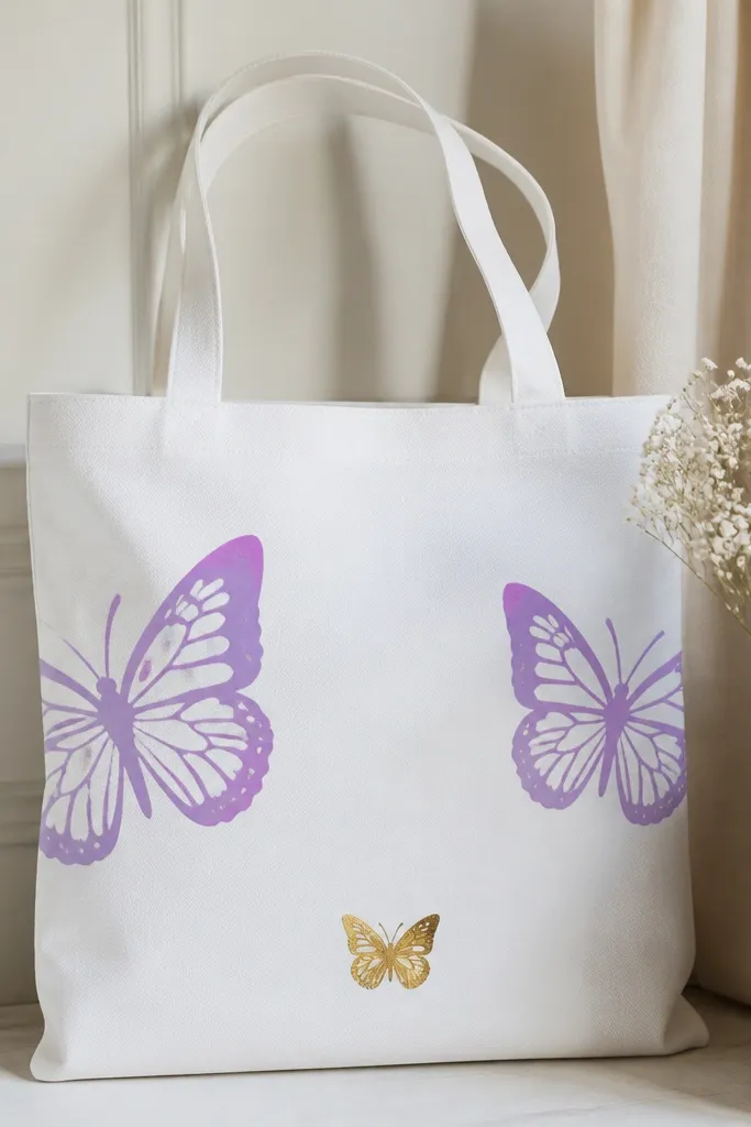 A white tote with two purple stencil butterflies on opposite sides of the center and one small gold metallic butterfly near the bottom; edges are crisp.