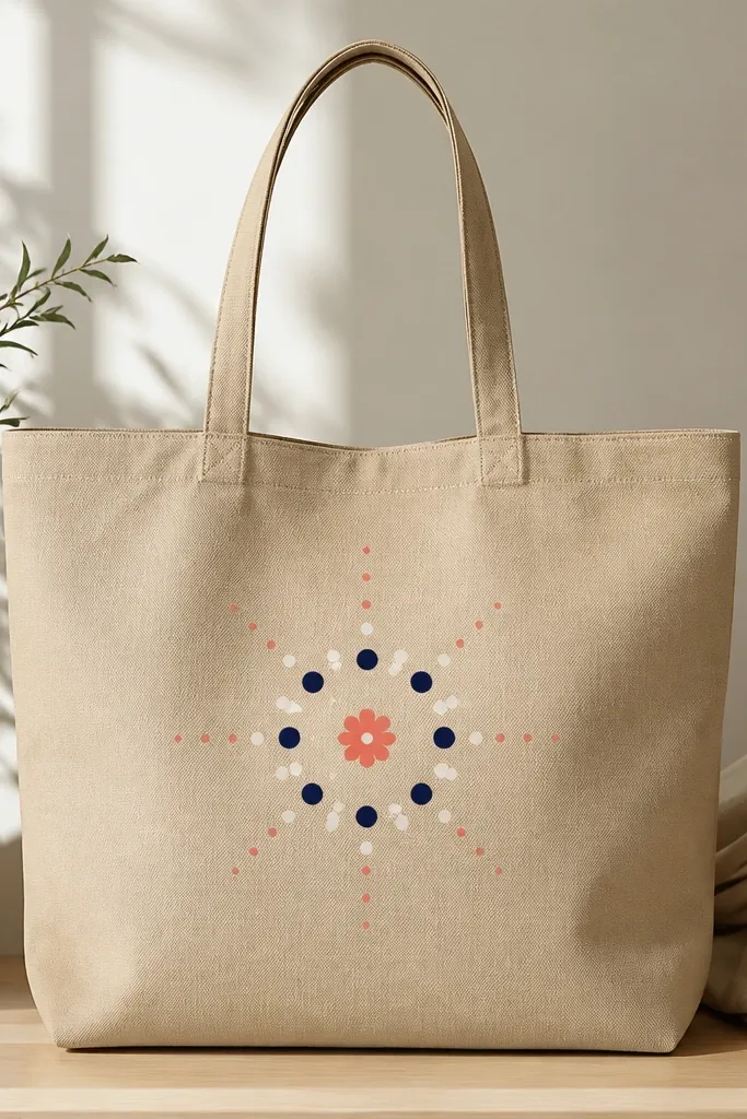 A tan tote with a small center flower in coral, surrounded by a ring of evenly spaced dots in navy and white; faint petal dots extend outward.