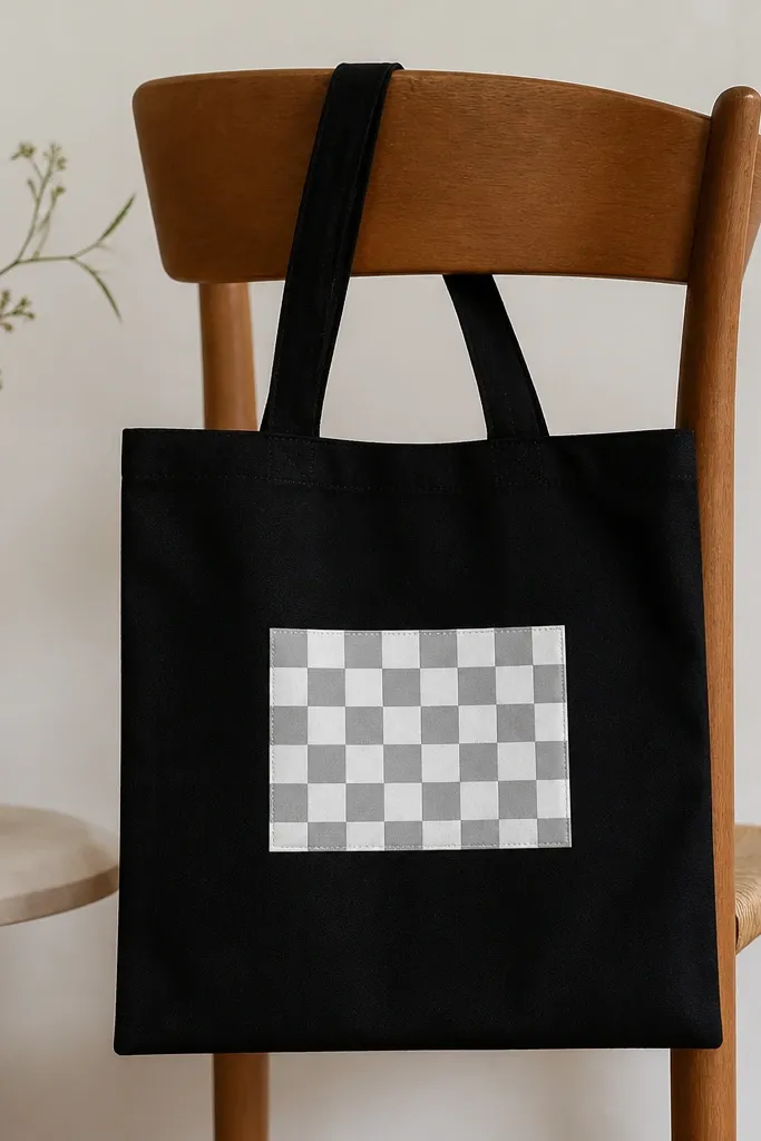 A black tote with a centered small checkerboard patch: light gray and white squares in a neat grid, sized like a pocket rectangle.