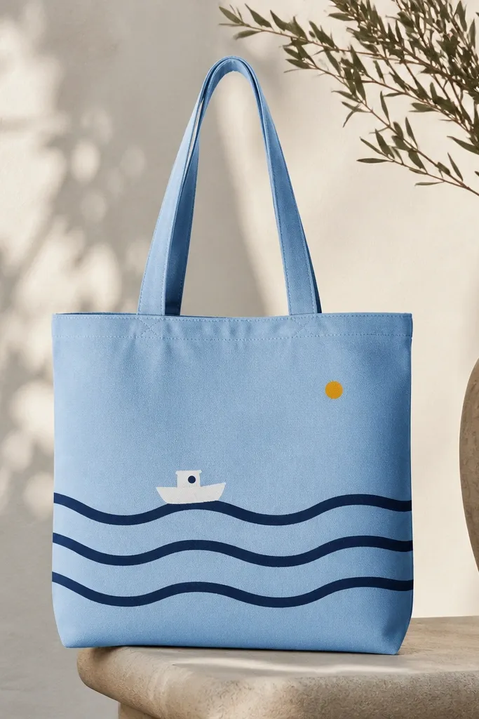 A light blue tote with three wavy navy lines across the lower half and a tiny white boat on top of the waves; small sun dot above.