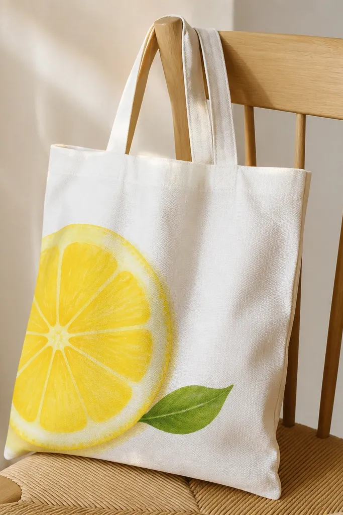 A white tote with a half lemon slice painted in bright yellow, showing curved segments, plus a small green leaf attached; subtle shading at the rind.