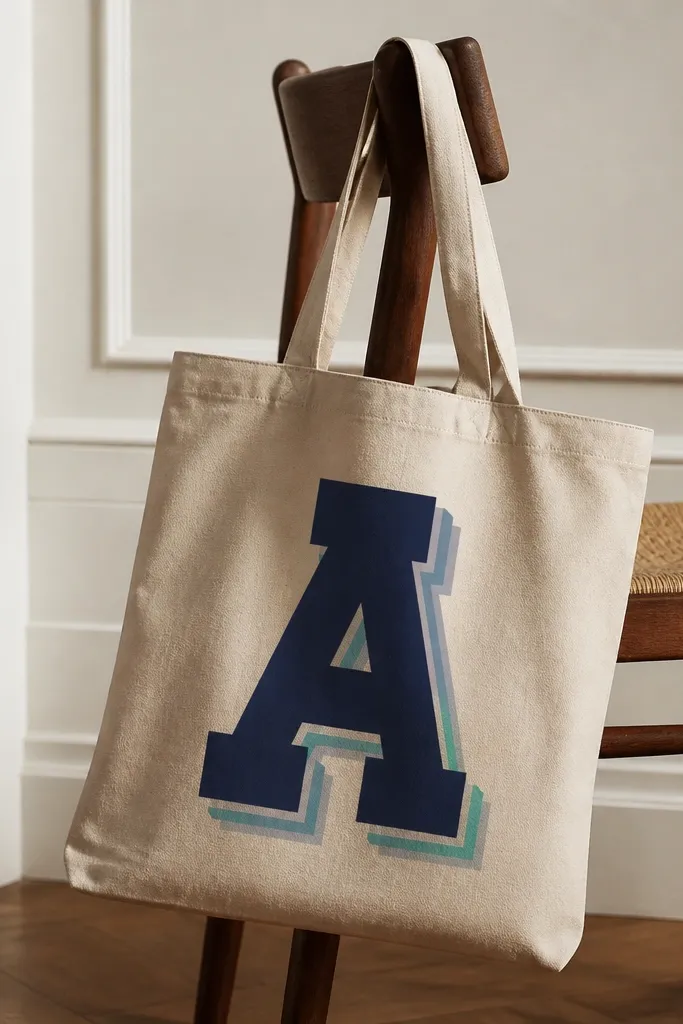 A beige tote with a large block letter A painted navy, with a two-tone shadow offset behind it in teal and light gray.