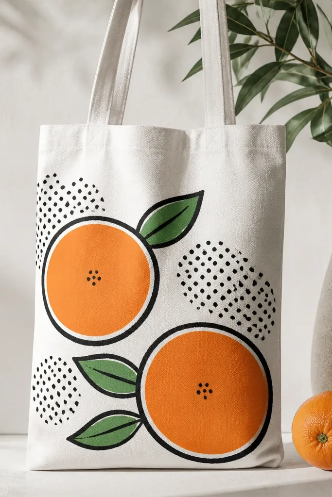 A white tote with pop-art style oranges: two thick-outlined orange circles filled with orange paint, surrounded by small black dot patterns; a few green leaves appear.