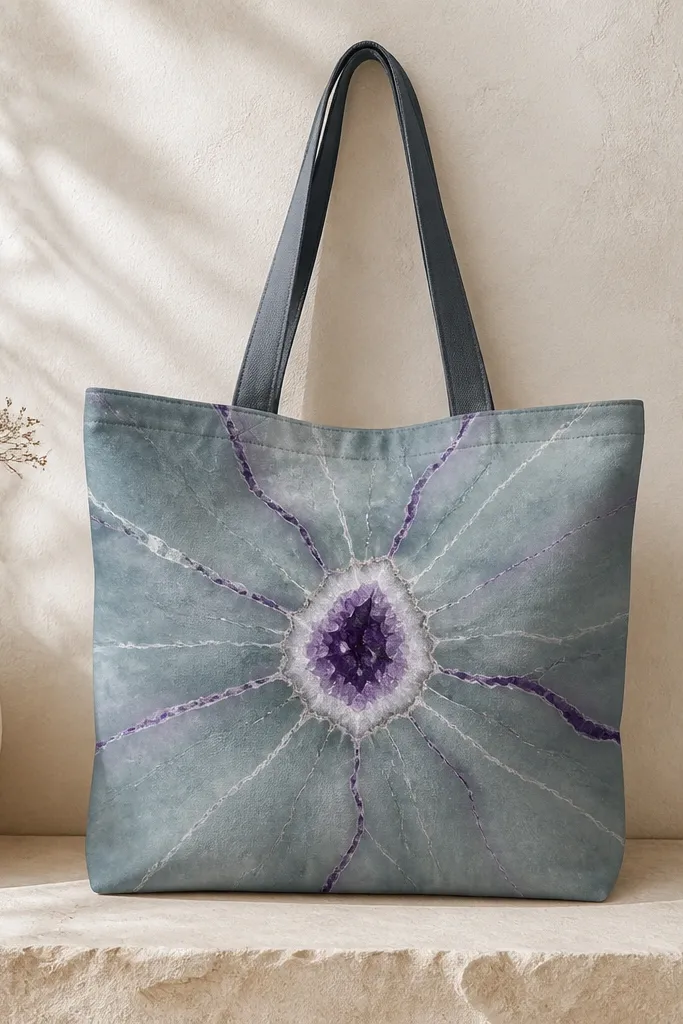 A tote with a small centered geode: a teal-gray base with purple "crystal" vein lines radiating outward, plus a few glittery white highlights.