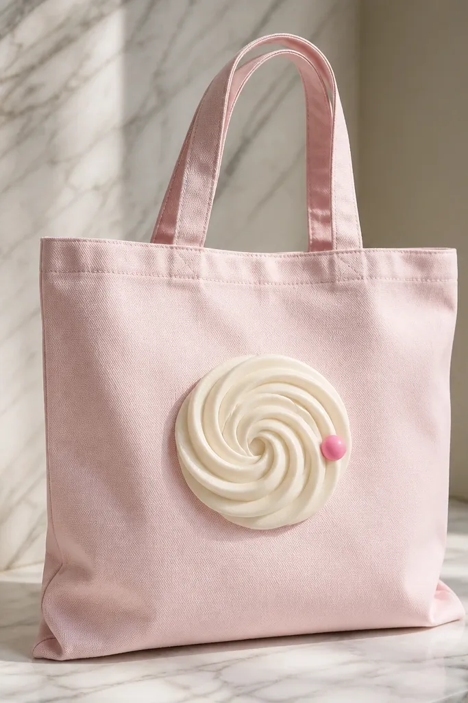 A light pink tote with a centered buttercream swirl: creamy off-white spiral with soft shadow, and one single bright pink dot sprinkle near the edge.
