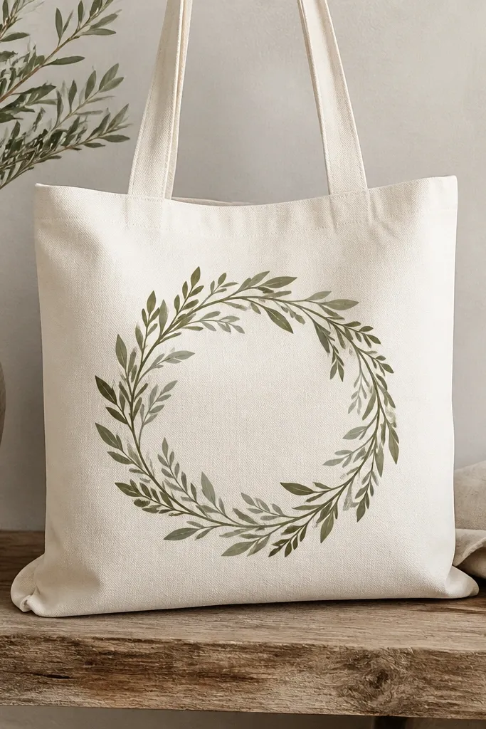 A cream tote with a rounded monogram-like frame made of overlapping leaves in olive and sage, with no letter inside; the frame sits centered.
