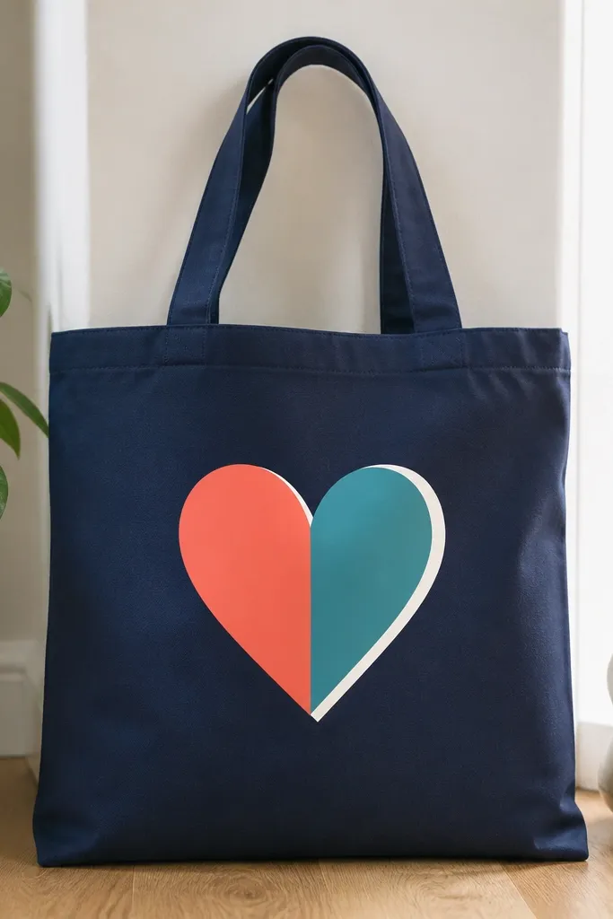 A navy tote with a centered heart: left half in coral, right half in teal, with a white outline offset slightly to one side for a graphic shadow effect.
