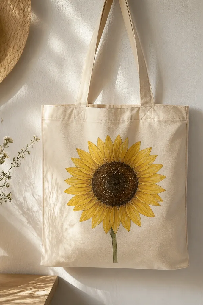 A cream tote with one sunflower head: large yellow petals, a dark brown center filled with stippled dots, and a small green stem below.
