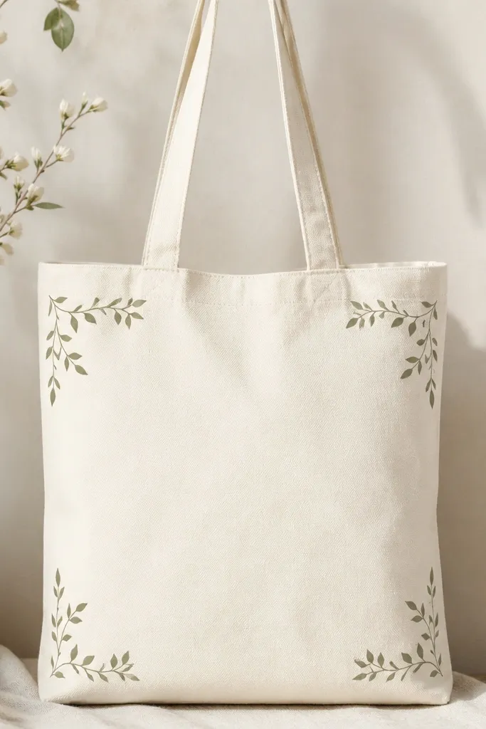 A light tote with tiny leaf-and-vine corner details: small sage leaves and thin stems in each corner, leaving the center completely blank.