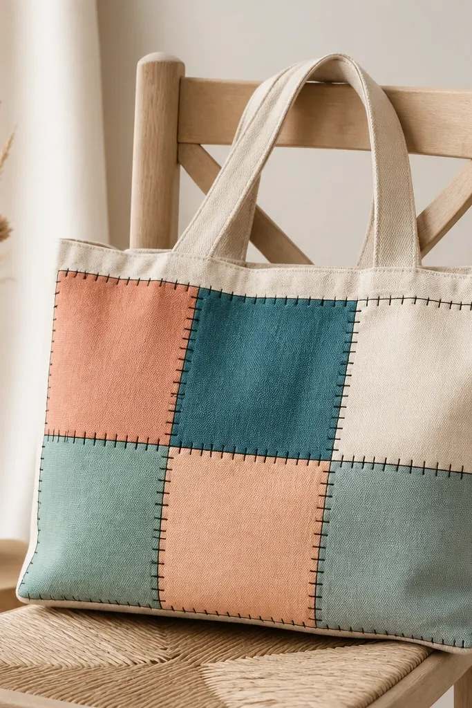 A tote with a grid of 6 patchwork squares in muted peach, teal, and cream, each outlined with black "stitch" lines like fabric seams.