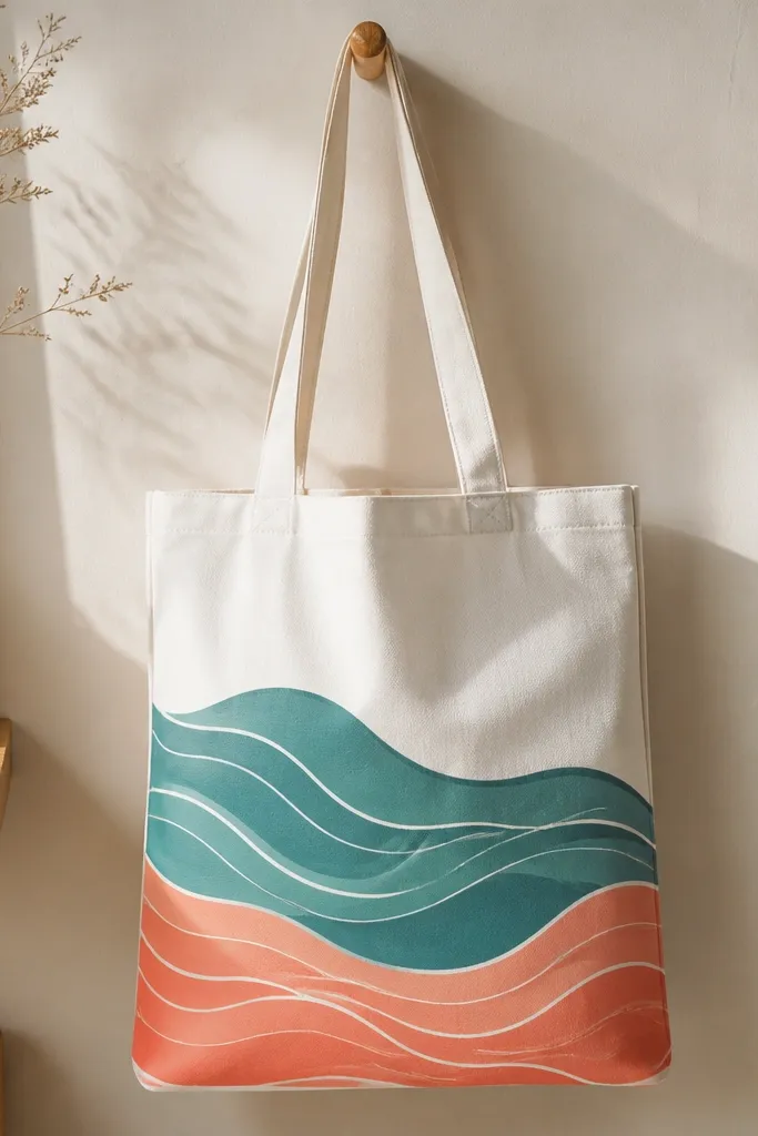 A white tote with layered waves: teal waves on top of coral waves, with thin white highlight lines running along the wave crests.